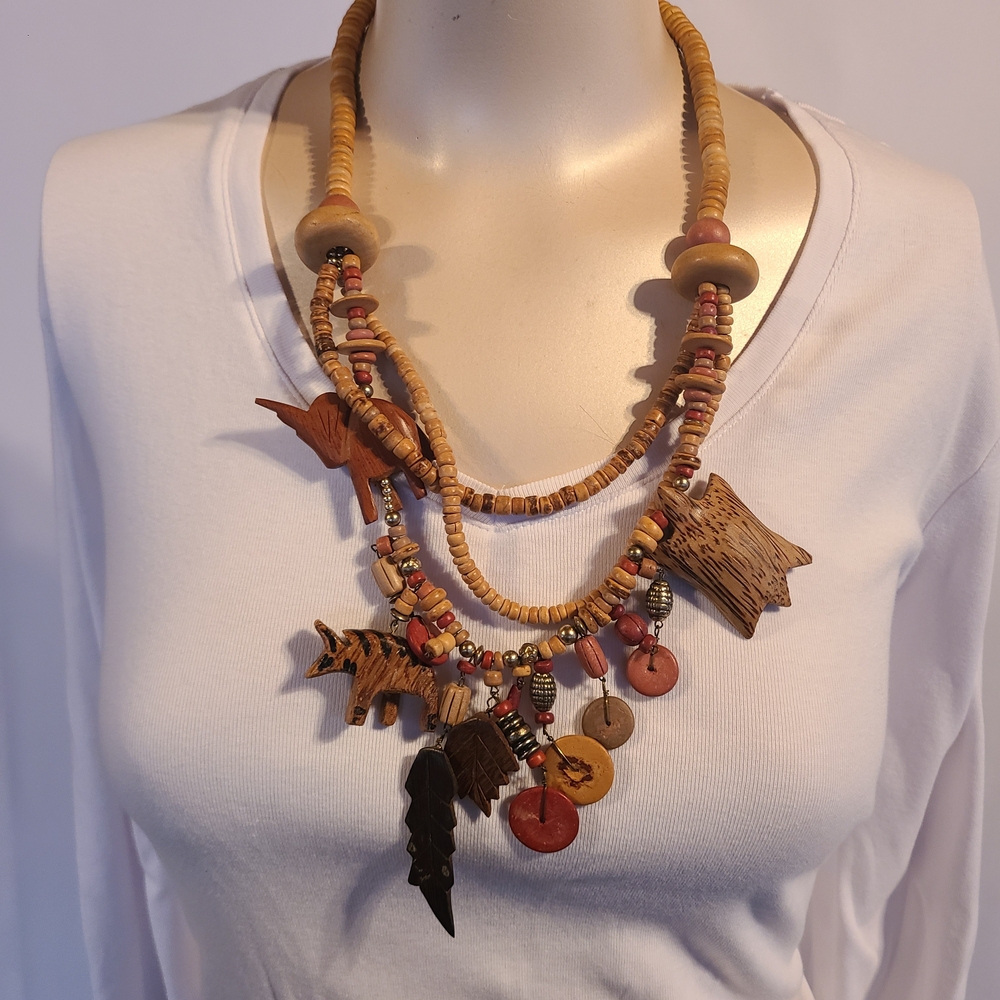Handcrafted Wooden Bead Animal Statement Necklace Unique